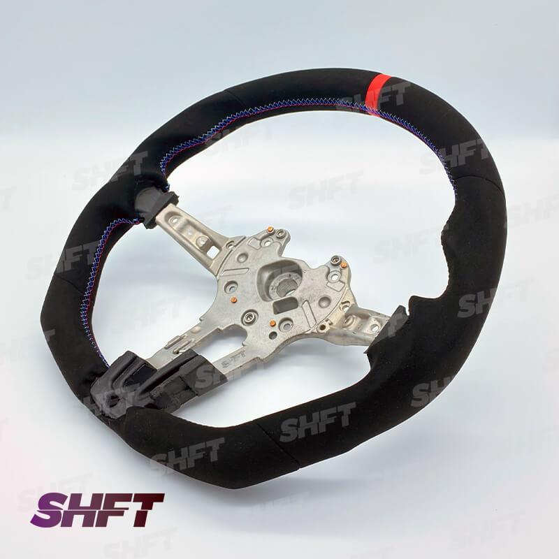 R44 BMW FLAT BOTTOM STEERING WHEEL IN ALCANTARA WITH MOLDED GRIPS AND RED STRIPE – image 3