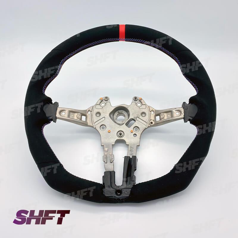 R44 BMW FLAT BOTTOM STEERING WHEEL IN ALCANTARA WITH MOLDED GRIPS AND RED STRIPE – image 4