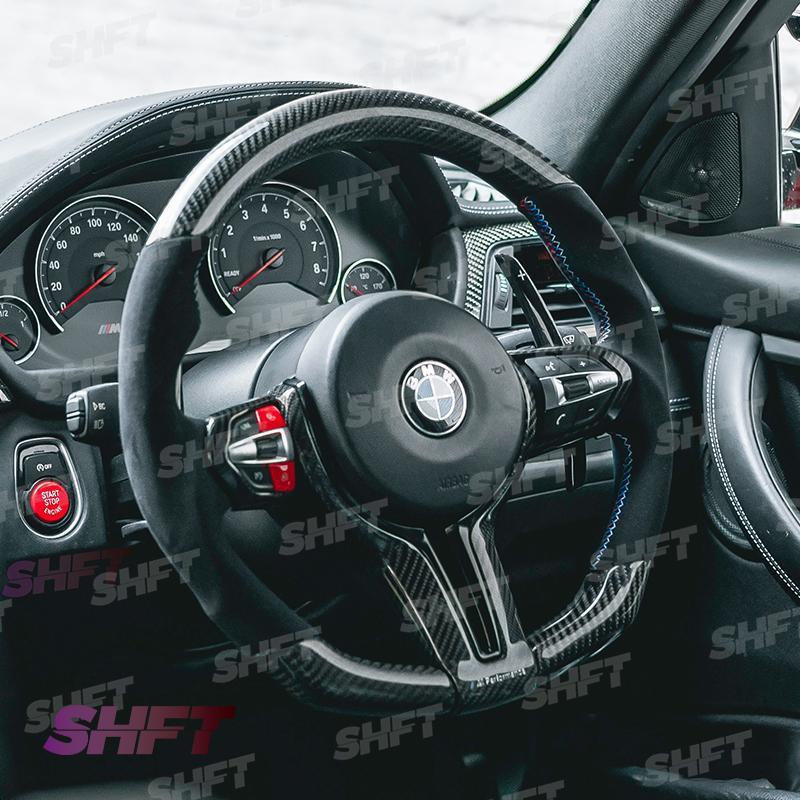 R44 BMW FLAT BOTTOM STEERING WHEEL IN GLOSS CARBON WITH MOLDED ALCANTARA GRIPS – image 2