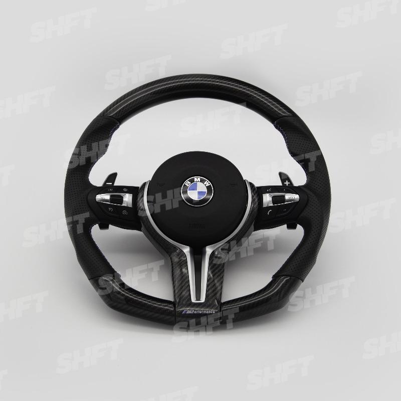 R44 BMW FLAT BOTTOM GLOSS CARBON STEERING WHEEL W/ PERFORATED LEATHER MOLDED GRIPS – image 2