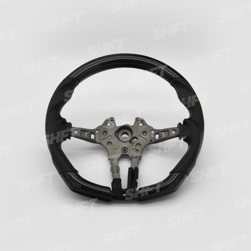 R44 BMW FLAT BOTTOM GLOSS CARBON STEERING WHEEL W/ PERFORATED LEATHER MOLDED GRIPS – image 8